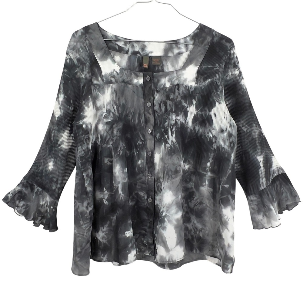 Serenade New York Women's Blouse Black White Tie Dye Pleated Ruffle Top 1X